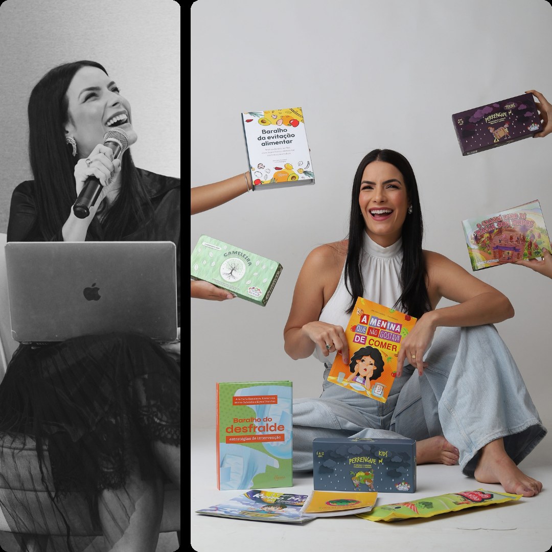 Ana Carla Gameleira, Cacau, em palestra e cercada pelos livros e recursos clínicos que publicou